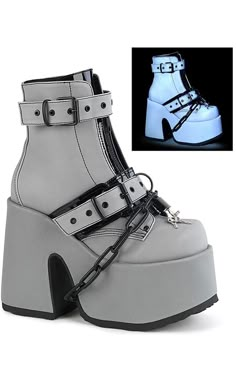 CAMEL-205 Grey Reflective Platform Boots-Demonia-Tragic Beautiful Cute Platform Shoes, Gothic Platform Boots, Alt Shoes, Punk Festival, Casual Shoes Women Sneakers, Demonia Boots, Chains Silver, Demonia Shoes, Goth Shoes