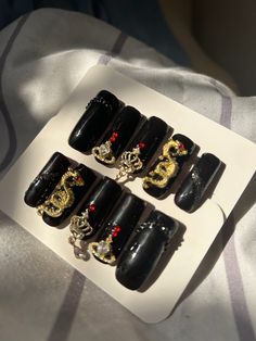 Black square press-ons with red bottoms and gold charms (size: M-L) (glue and other nail care items not included) Red Bottom Nails Square, Poker Nails, Nails Black And Gold, Bottom Nails, Red Bottom Nails, Gel Paint, Easy Nails, Press Ons, Gold Charms