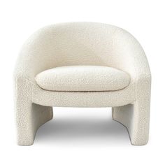 a white chair with a curved back and foot rest on it's legs, sitting in front of a white background