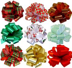 six different types of bows with ribbons on each bow are shown in multiple colors and sizes