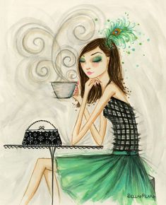 a drawing of a woman sitting at a table with a tea cup in her hand