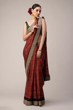 Shop for Joy Mitra Red Modal Ajrakh Print Saree With Blouse for Women Online at Aza Fashions Ajrakh Sarees Online, Ajrakh Sarees, Green Sleeveless Blouse, Print Saree, Embroidered Saree, Red Saree, Blouse For Women, Indian Fashion Designers, Pernia Pop Up Shop