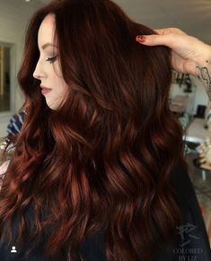 Dark Red And Brown Hair Color, Red Hair Color Brunettes, Dark Redhead Hair, Dark Copper Brunette Hair, Dark Red Hair Color Ideas For Brunettes, Dark Red Hair On Brown Hair, Dark Auburn Hair Balayage, Red Tinted Black Hair, Dark Red Auburn Hair