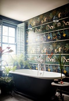 a bath tub sitting under a window next to a potted plant in front of it