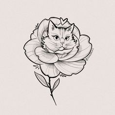 a black and white drawing of a cat sitting on top of a flower