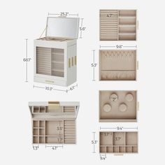 an open box with drawers and dividers on the bottom is shown in three different views