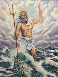 a painting of a man standing on top of a boat in the ocean holding a spear