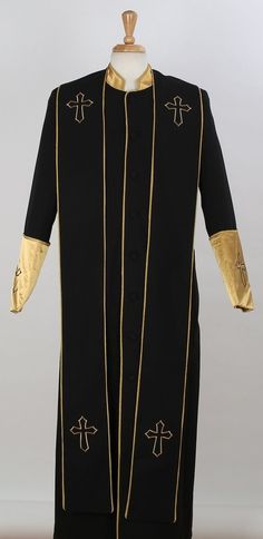 <p>Tony Blake Men's Church Robe with Stole - Pastor Church Robe. Pictured in Black/Gold. <br/><br/> 8 Button Full Church Robe<br/> Two Tone<br/> Matching Stole<br/> Cross Accents<br/> Poly-Rayon<br/> Dry Clean Only <br/> Imported <br/><br/> Size chart for Robes. Medium (38), Large (40-42), XL (44-46), 2X (48), 3X (50-52), 4X (54-56), 5X (58), 6X (60).</p> Super Deal, Pleated Pants, Wool Suit, Suit Shop, Jacket Buttons, Mandarin Collar, Two Tone, Size Chart, Dry Clean