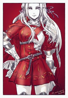 a drawing of a woman with long white hair and red outfit, holding her hands on her hips