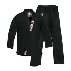 a black karate suit with white lettering on the chest and bottom, in front of a white