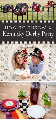 a man and woman are sitting at a table with drinks in front of them, the words how to throw a kentucky derby party