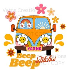 an orange van with flowers and rainbows on the front is shown in this image