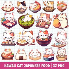 various cartoon cats eating sushi and chopsticks