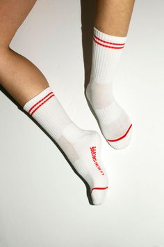 An extended version of the Girlfriend sock with a ribbed, striped cuff. Cozy, supportive and available in the best colors. Fabric is 85% Cotton, 13% Polyester, and 2% Spandex Everyday Sporty Cotton Socks, Trendy Cotton Sports Socks, Sporty Red Breathable Socks, White Cotton Socks For Streetwear, Sporty Red Cotton Socks, Tennis Socks, The Girlfriends, Tights, Spandex