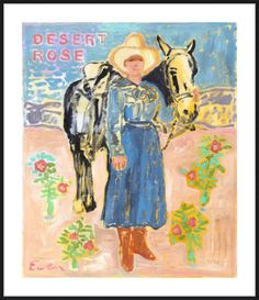 a painting of a woman standing next to a horse with the words desert rose on it