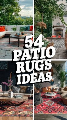 four photos with the words, 54 patio rugs ideas on them and an outdoor seating area