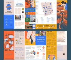 an assortment of brochures are shown in different colors and sizes, including blue, yellow, orange, and white