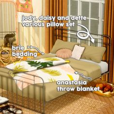 a bed room with a neatly made bed and various items labeled on the bedding