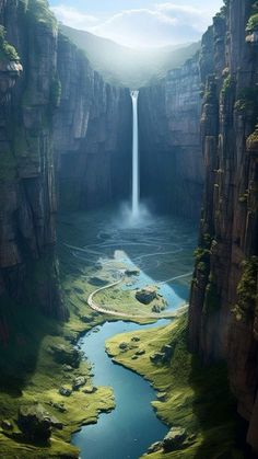 a large waterfall in the middle of a canyon with green grass and water below it