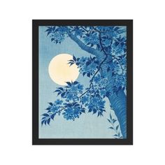 a painting with blue flowers and trees in front of a full moon on a blue sky