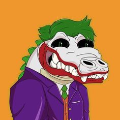 an animal wearing a suit and tie with its mouth open to the side, it's green hair