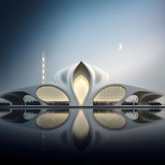 an artistic architectural rendering of a futuristic building in the middle of a body of water