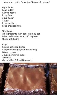 chocolate brownies are stacked on top of each other and labeled with instructions to make them