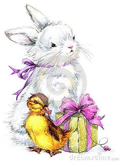 a watercolor painting of a bunny and a duckling next to a gift box