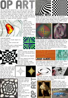 a poster with many different types of art on it's sides, including an image of