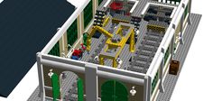 a lego model of a building that is made out of legos and has green doors