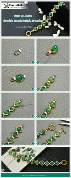 instructions to make a beaded bracelet with green glass beads and gold plated wire