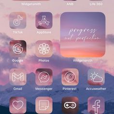 an iphone screen with icons on it and the words progress not perfection written in white