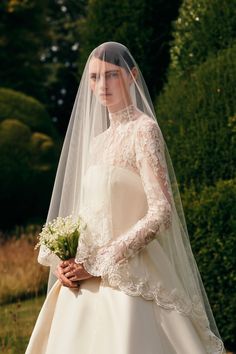 Chantal Bridal Dress in Satin Doppio with Lace and Peleione Veil Emilia Wickstead Wedding, Veil For Satin Wedding Dress, Long Veil With Blusher, Emilia Wickstead Bridal, Traditional Wedding Veil, Romantic Wedding Veil, Wedding Veil Long, Modern Veil, Traditional Veil