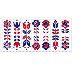 a cross stitch pattern with red, white and blue flowers on the border is shown