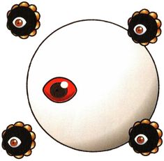 an overhead view of a white circle with red eyes