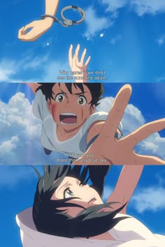 two anime characters with their hands in the air and one holding up his hand to another person's head