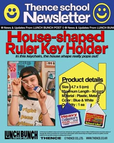 an advertisement for a house - shaped ruler key holder in front of a blue background