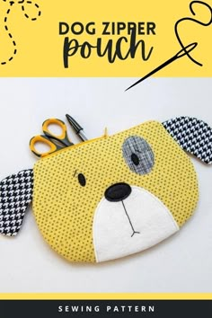 a dog zipper pouch is shown with scissors and yarn on it, along with the words sewing pattern