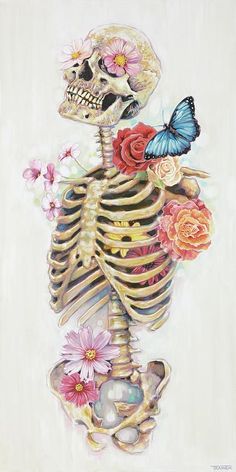 a painting of a skeleton with flowers and a butterfly on it's back,