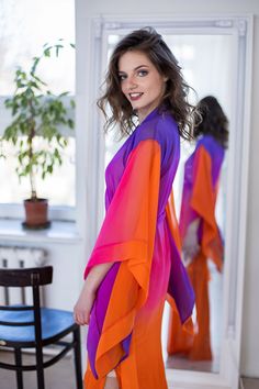 "Kimono dress made of chiffon fabric with color transition In purple and orange tones Transparent, light and airy \"Wings\" sewn into the sleeves, which complement the airy image of the dress Underwear dress included ➤ Features > dress length: 58,5 inches / 148cm cm ➤ Sizing My Size Guide in FAQ section below will help you define the perfect size match. The item can also be made according to your measurements - just message them to me. ➤ Delivery Your item is made-to-order and will be ready w Purple Chiffon Maxi Dress For Summer, Purple Maxi Chiffon Dress For Summer, Sheer Chiffon Maxi Dress For Summer, Summer Silk Chiffon Flowy Dresses, Summer Flowy Silk Chiffon Dress, Summer Purple Chiffon Dresses, Silk Chiffon Summer Vacation Dresses, Summer Vacation Silk Chiffon Dresses, Sheer Chiffon Vacation Dress