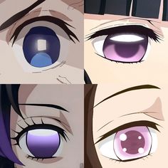 two anime eyes with purple and blue colored contactions, one in the foreground