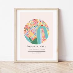 a framed poster with the name and map of leona and matt in pastel colors