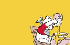 a cartoon character sitting at a table pouring syrup