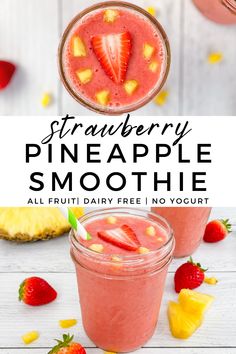 strawberry pineapple smoothie in a mason jar with strawberries and pineapple on the side