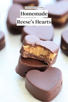 homemade reese's hearts are stacked on top of each other with the text overlay that reads homemade reese's hearts