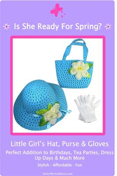 a blue hat and gloves with flowers on it, the words is she ready for spring?