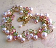 Gorgeous apple blossom inspired spring bracelet is handmade with delicate pink Swarovski pearls, bright peridot Swarovski crystals, and yellow and gold accents. All hand wire wrapped with 14k gold filled wire and set on 14k gold filled chain. An incredible Mother of the Bride cluster style Swarovski Pearls Bracelet, Beading Bracelets, Pink Pearl Bracelet, Boho Styl, Spring Bracelet, Motifs Perler, Beading Jewelery, Pink Swarovski, Christmas Bracelet