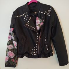 Hand-Painted 'Leather' Jacket With Flowers, Dragonfly & Studs. Painted Leather Jacket, Hand Painted Leather, Custom Hand Painted, Faux Leather Jacket, Faux Leather Jackets, Faux Leather, Jackets & Coats, Jackets For Women, Leather Jacket