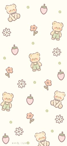 the wallpaper has teddy bears and flowers on it