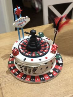 a casino themed cake on top of a wooden table